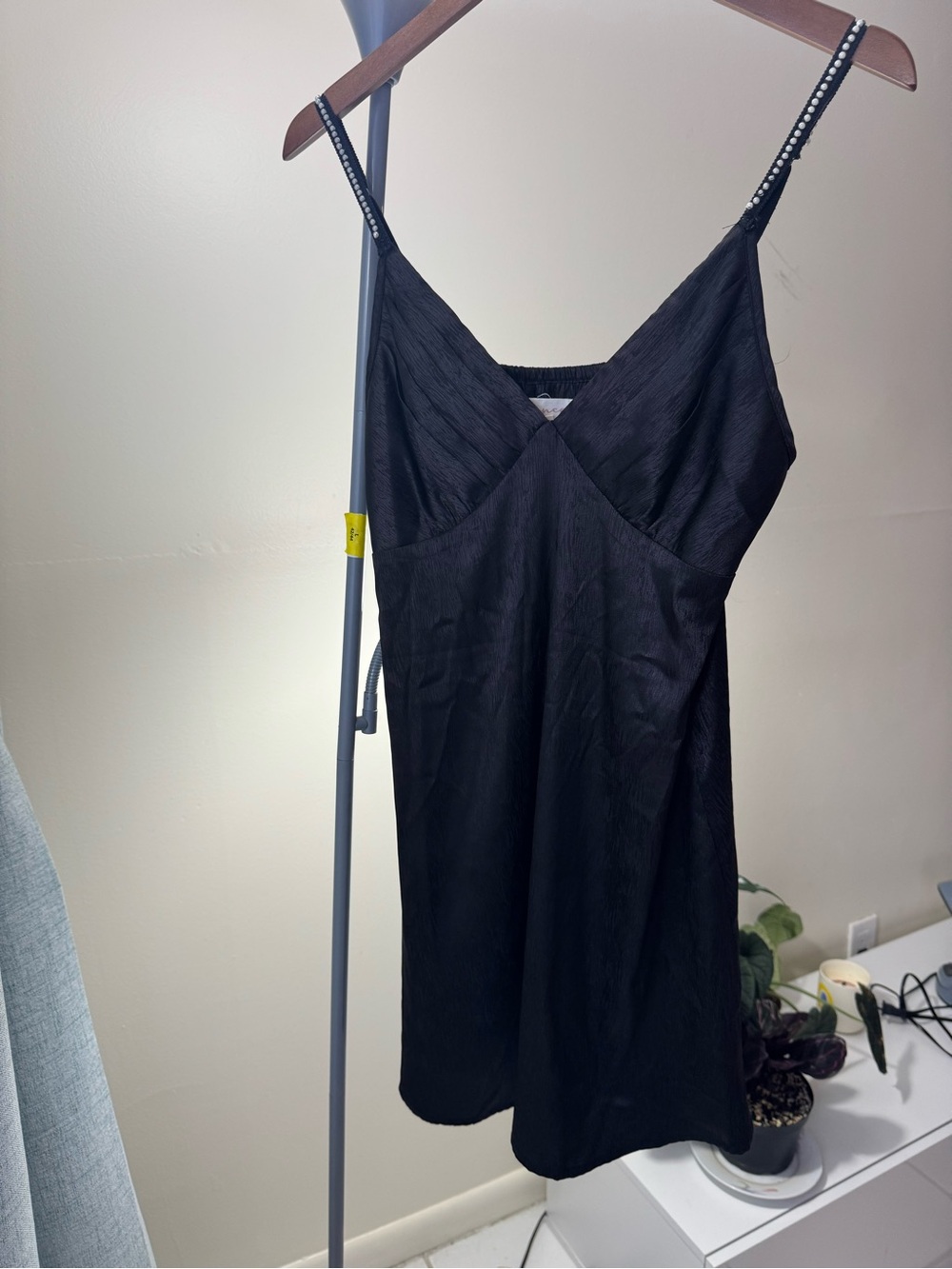 Black Satin-Texture Slip Dress with Embellished Straps